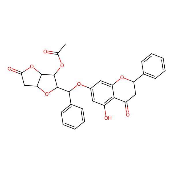 2D Structure of [(2R,3S,3aS,6aR)-2-[(S)-[(2S)-5-hydroxy-4-oxo-2-phenyl-2,3-dihydrochromen-7-yl]oxy-phenylmethyl]-5-oxo-3,3a,6,6a-tetrahydro-2H-furo[3,2-b]furan-3-yl] acetate