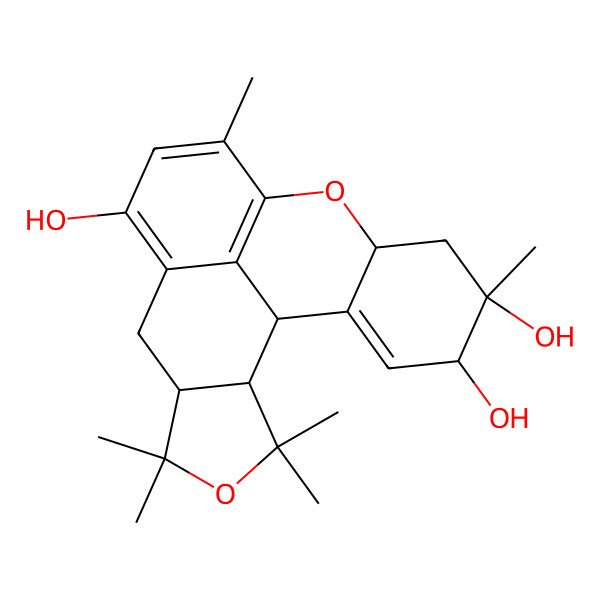 2D Structure of 3,3,5,5,11,16-Hexamethyl-4,13-dioxapentacyclo[10.7.1.02,6.08,20.014,19]icosa-8,10,12(20),18-tetraene-9,16,17-triol