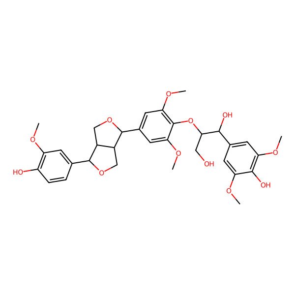 2D Structure of (1R,2R)-2-[4-[(3R,3aS,6S,6aS)-3-(4-hydroxy-3-methoxyphenyl)-1,3,3a,4,6,6a-hexahydrofuro[3,4-c]furan-6-yl]-2,6-dimethoxyphenoxy]-1-(4-hydroxy-3,5-dimethoxyphenyl)propane-1,3-diol