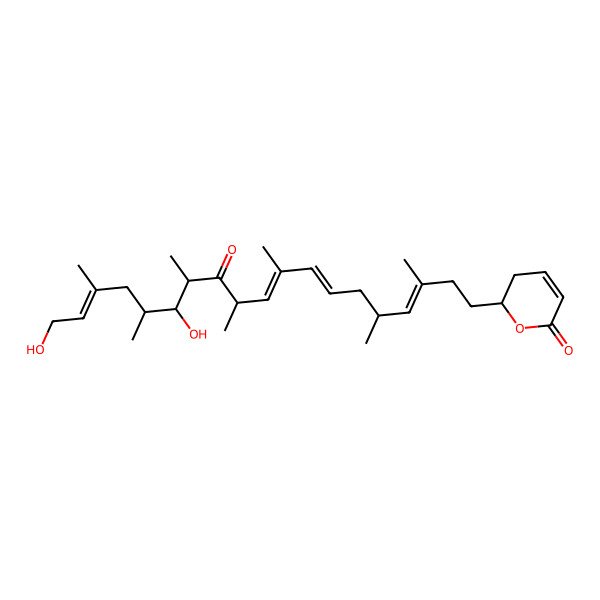 2D Structure of 2H-Pyran-2-one, 6-(14,19-dihydroxy-3,5,9,11,13,15,17-heptamethyl-12-oxo-3,7,9,17-nonadecatetraenyl)-5,6-dihydro-