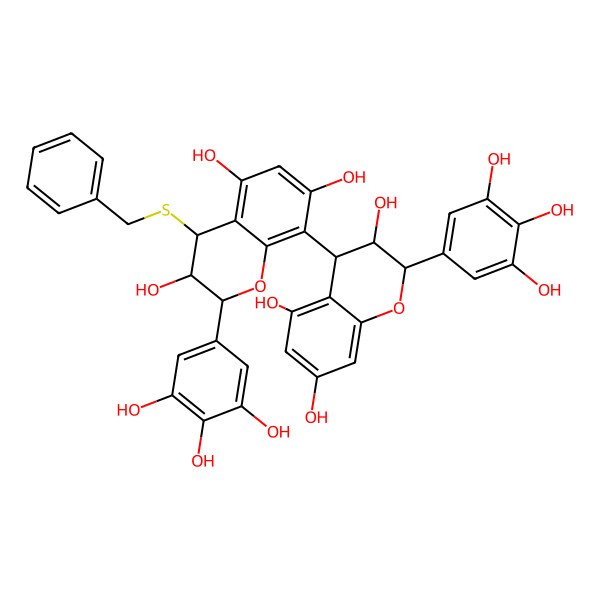 2D Structure of (2R,3S,4S)-4-benzylsulfanyl-2-(3,4,5-trihydroxyphenyl)-8-[(2R,3R,4R)-3,5,7-trihydroxy-2-(3,4,5-trihydroxyphenyl)-3,4-dihydro-2H-chromen-4-yl]-3,4-dihydro-2H-chromene-3,5,7-triol