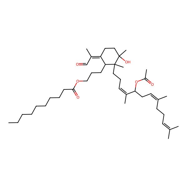 2D Structure of 3-[(1S,2S,3S,6Z)-2-[(3E,5R,7E)-5-acetyloxy-4,8,12-trimethyltrideca-3,7,11-trienyl]-3-hydroxy-2,3-dimethyl-6-(1-oxopropan-2-ylidene)cyclohexyl]propyl decanoate