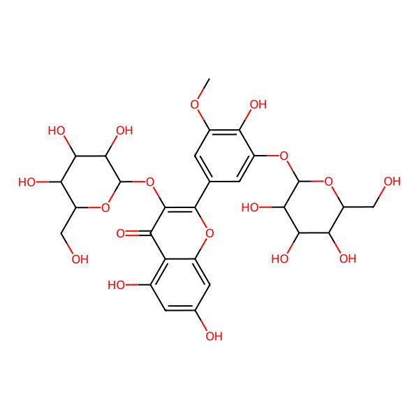 2D Structure of 5,7-dihydroxy-2-[4-hydroxy-3-methoxy-5-[(2S,3R,4S,5S,6R)-3,4,5-trihydroxy-6-(hydroxymethyl)oxan-2-yl]oxyphenyl]-3-[(2S,3R,4S,5S,6R)-3,4,5-trihydroxy-6-(hydroxymethyl)oxan-2-yl]oxychromen-4-one