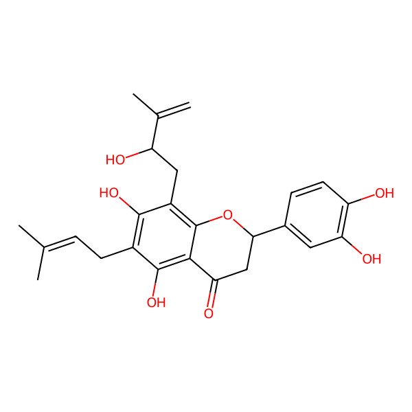2D Structure of 4H-1-Benzopyran-4-one, 2-(3,4-dihydroxyphenyl)-2,3-dihydro-5,7-dihydroxy-8-(2-hydroxy-3-methyl-3-butenyl)-6-(3-methyl-2-butenyl)-, (2S)-