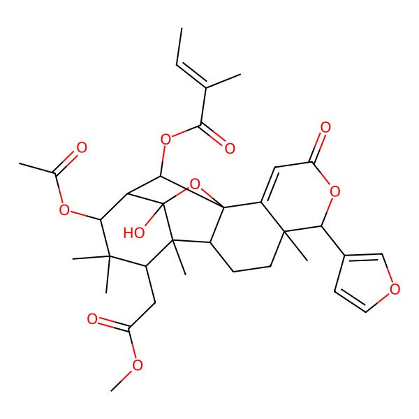 2D Structure of [14-Acetyloxy-6-(furan-3-yl)-16-hydroxy-12-(2-methoxy-2-oxoethyl)-7,11,13,13-tetramethyl-4-oxo-5,17-dioxapentacyclo[13.2.1.01,10.02,7.011,16]octadec-2-en-18-yl] 2-methylbut-2-enoate