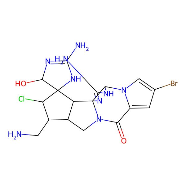 2D Structure of (1'R,4R,5R,5'S,14'R,15'S,16'R,18'S)-2,3'-diamino-15'-(aminomethyl)-8'-bromo-16'-chloro-4-hydroxyspiro[1,4-dihydroimidazole-5,17'-2,4,6,12-tetrazapentacyclo[10.6.0.01,5.06,10.014,18]octadeca-2,7,9-triene]-11'-one