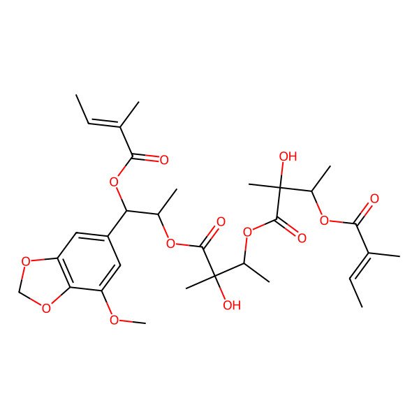 2D Structure of [3-Hydroxy-4-[1-(7-methoxy-1,3-benzodioxol-5-yl)-1-(2-methylbut-2-enoyloxy)propan-2-yl]oxy-3-methyl-4-oxobutan-2-yl] 2-hydroxy-2-methyl-3-(2-methylbut-2-enoyloxy)butanoate