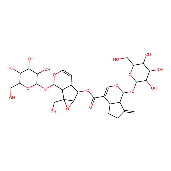 2D Structure of [2-(hydroxymethyl)-10-[3,4,5-trihydroxy-6-(hydroxymethyl)oxan-2-yl]oxy-3,9-dioxatricyclo[4.4.0.02,4]dec-7-en-5-yl] 7-methylidene-1-[3,4,5-trihydroxy-6-(hydroxymethyl)oxan-2-yl]oxy-4a,5,6,7a-tetrahydro-1H-cyclopenta[c]pyran-4-carboxylate