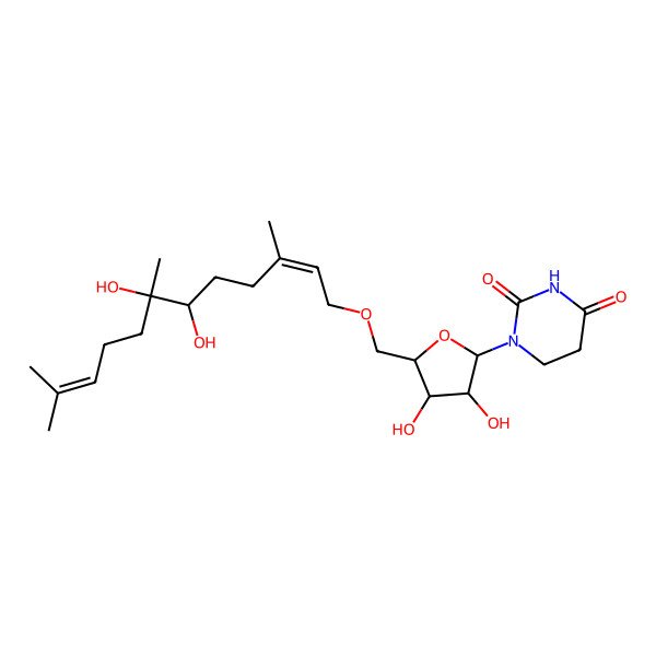2D Structure of 1-[(2R,3S,5R)-5-[[(2E,6S,7R)-6,7-dihydroxy-3,7,11-trimethyldodeca-2,10-dienoxy]methyl]-3,4-dihydroxyoxolan-2-yl]-1,3-diazinane-2,4-dione