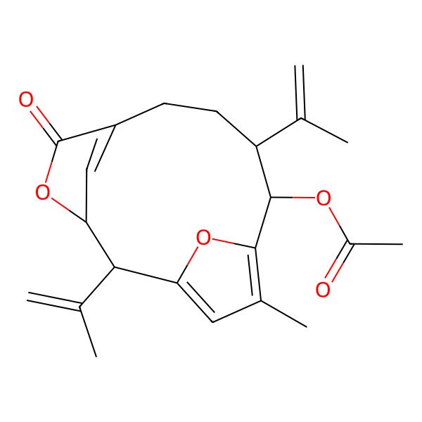 2D Structure of [12-Methyl-5-oxo-2,9-bis(prop-1-en-2-yl)-4,14-dioxatricyclo[9.2.1.13,6]pentadeca-1(13),6(15),11-trien-10-yl] acetate