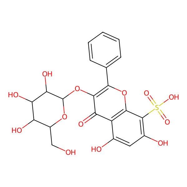 2D Structure of 5,7-dihydroxy-4-oxo-2-phenyl-3-[(2S,3R,4S,5S,6R)-3,4,5-trihydroxy-6-(hydroxymethyl)oxan-2-yl]oxychromene-8-sulfonic acid