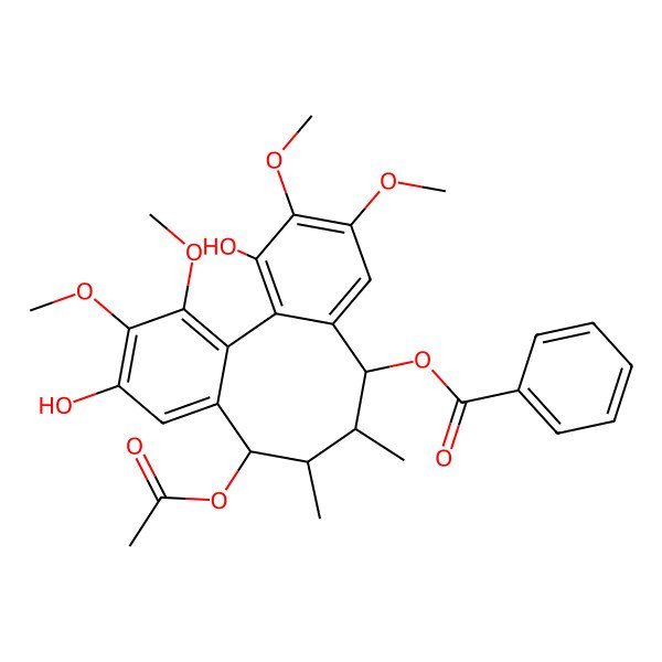 2D Structure of [(8R,9S,10R,11R)-11-acetyloxy-3,14-dihydroxy-4,5,15,16-tetramethoxy-9,10-dimethyl-8-tricyclo[10.4.0.02,7]hexadeca-1(16),2,4,6,12,14-hexaenyl] benzoate
