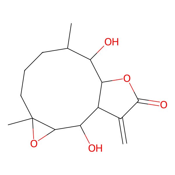 2D Structure of (1R,2R,3R,5S,9R,10S,11S)-2,10-dihydroxy-5,9-dimethyl-14-methylidene-4,12-dioxatricyclo[9.3.0.03,5]tetradecan-13-one