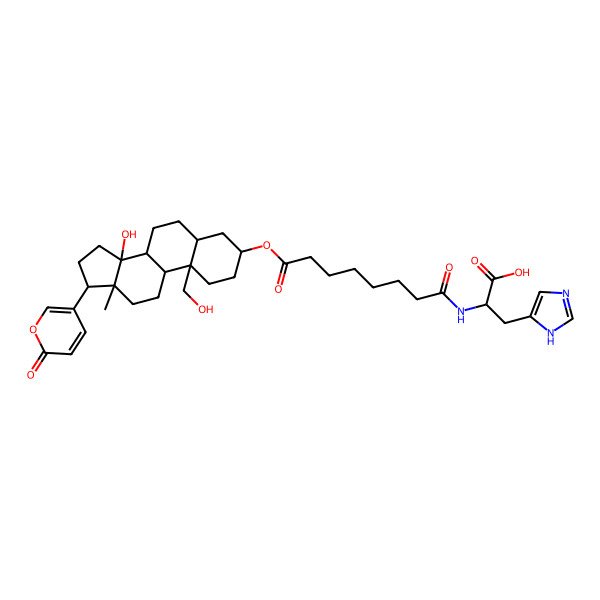2D Structure of (2S)-2-[[8-[[(3S,5R,8R,9S,10R,13R,14S,17R)-14-hydroxy-10-(hydroxymethyl)-13-methyl-17-(6-oxopyran-3-yl)-1,2,3,4,5,6,7,8,9,11,12,15,16,17-tetradecahydrocyclopenta[a]phenanthren-3-yl]oxy]-8-oxooctanoyl]amino]-3-(1H-imidazol-5-yl)propanoic acid