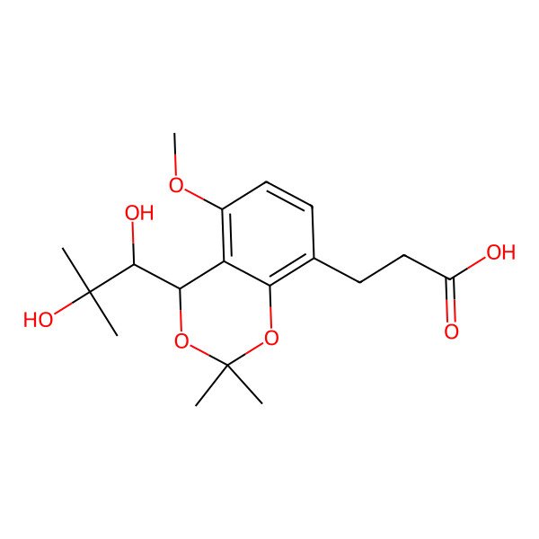 2D Structure of 3-[(4S)-4-[(1S)-1,2-dihydroxy-2-methylpropyl]-5-methoxy-2,2-dimethyl-4H-1,3-benzodioxin-8-yl]propanoic acid