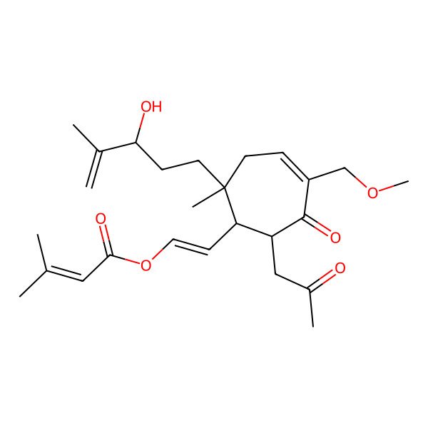 2D Structure of 2-[2-(3-Hydroxy-4-methylpent-4-enyl)-5-(methoxymethyl)-2-methyl-6-oxo-7-(2-oxopropyl)cyclohept-4-en-1-yl]ethenyl 3-methylbut-2-enoate