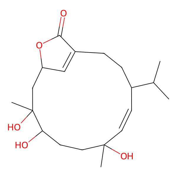 2D Structure of (4S,5E,7S,10R,11R,13S)-7,10,11-trihydroxy-7,11-dimethyl-4-propan-2-yl-14-oxabicyclo[11.2.1]hexadeca-1(16),5-dien-15-one