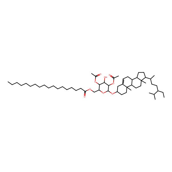 2D Structure of [(2R,3S,4S,5R,6R)-3,5-diacetyloxy-6-[[(3S,8S,9S,10R,13R,14S,17R)-17-[(2R,5R)-5-ethyl-6-methylheptan-2-yl]-10,13-dimethyl-2,3,4,7,8,9,11,12,14,15,16,17-dodecahydro-1H-cyclopenta[a]phenanthren-3-yl]oxy]-4-hydroxyoxan-2-yl]methyl octadecanoate