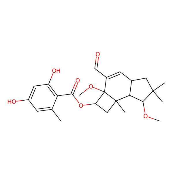 2D Structure of (3-Formyl-2a,7-dimethoxy-6,6,7b-trimethyl-1,2,4a,5,7,7a-hexahydrocyclobuta[e]inden-2-yl) 2,4-dihydroxy-6-methylbenzoate