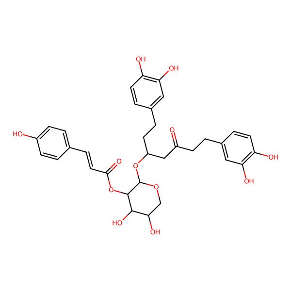 2D Structure of [2-[1,7-Bis(3,4-dihydroxyphenyl)-5-oxoheptan-3-yl]oxy-4,5-dihydroxyoxan-3-yl] 3-(4-hydroxyphenyl)prop-2-enoate
