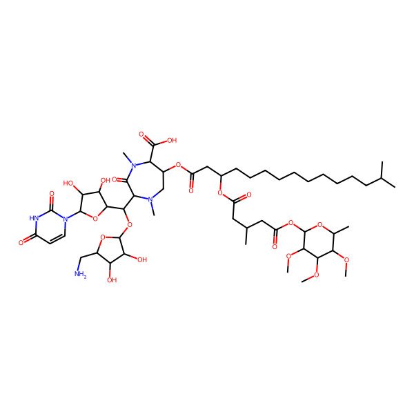 2D Structure of (2S,6S)-2-[(R)-[(2S,3R,4S,5R)-5-(aminomethyl)-3,4-dihydroxyoxolan-2-yl]oxy-[(2S,3S,4R,5R)-5-(2,4-dioxopyrimidin-1-yl)-3,4-dihydroxyoxolan-2-yl]methyl]-1,4-dimethyl-6-[(3S)-14-methyl-3-[(3S)-3-methyl-5-oxo-5-[(2S,3R,4R,5S,6S)-3,4,5-trimethoxy-6-methyloxan-2-yl]oxypentanoyl]oxypentadecanoyl]oxy-3-oxo-1,4-diazepane-5-carboxylic acid