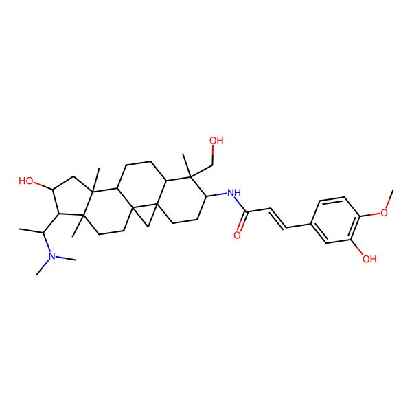2D Structure of (E)-N-[(1S,3R,6S,7S,8R,11S,12S,14R,15S,16R)-15-[(1S)-1-(dimethylamino)ethyl]-14-hydroxy-7-(hydroxymethyl)-7,12,16-trimethyl-6-pentacyclo[9.7.0.01,3.03,8.012,16]octadecanyl]-3-(3-hydroxy-4-methoxyphenyl)prop-2-enamide
