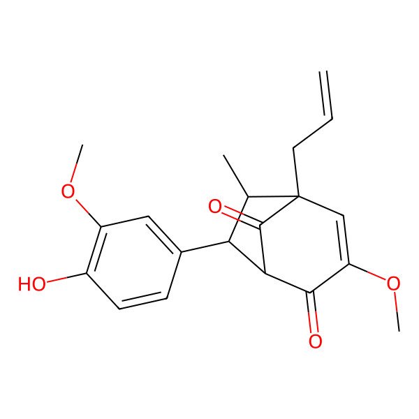 2D Structure of (1R,5R,6S,7S)-7-(4-hydroxy-3-methoxyphenyl)-3-methoxy-6-methyl-5-prop-2-enylbicyclo[3.2.1]oct-3-ene-2,8-dione