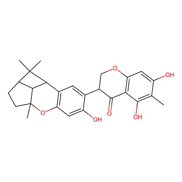 2D Structure of (3S)-5,7-dihydroxy-3-[(1R,9R,12S,14R)-5-hydroxy-9,13,13-trimethyl-8-oxatetracyclo[7.4.1.02,7.012,14]tetradeca-2(7),3,5-trien-4-yl]-6-methyl-2,3-dihydrochromen-4-one
