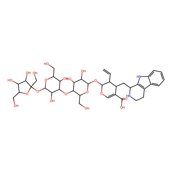 2D Structure of 2-[5-[2-[3,4-dihydroxy-2,5-bis(hydroxymethyl)oxolan-2-yl]oxy-3,5-dihydroxy-6-(hydroxymethyl)oxan-4-yl]oxy-3,4-dihydroxy-6-(hydroxymethyl)oxan-2-yl]oxy-3-ethenyl-4-(2,3,4,9-tetrahydro-1H-pyrido[3,4-b]indol-1-ylmethyl)-3,4-dihydro-2H-pyran-5-carboxylic acid