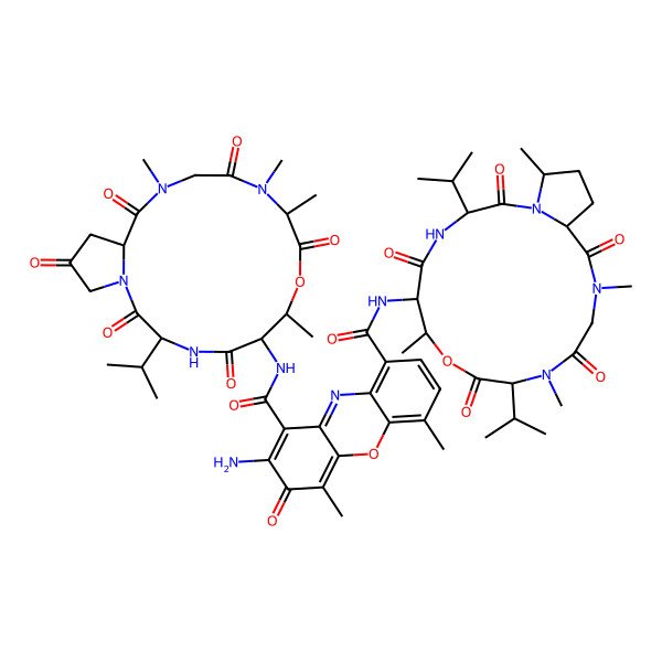 2D Structure of 2-amino-4,6-dimethyl-3-oxo-1-N-(7,10,11,14-tetramethyl-2,5,9,12,15,18-hexaoxo-3-propan-2-yl-8-oxa-1,4,11,14-tetrazabicyclo[14.3.0]nonadecan-6-yl)-9-N-[7,11,14,19-tetramethyl-2,5,9,12,15-pentaoxo-3,10-di(propan-2-yl)-8-oxa-1,4,11,14-tetrazabicyclo[14.3.0]nonadecan-6-yl]phenoxazine-1,9-dicarboxamide