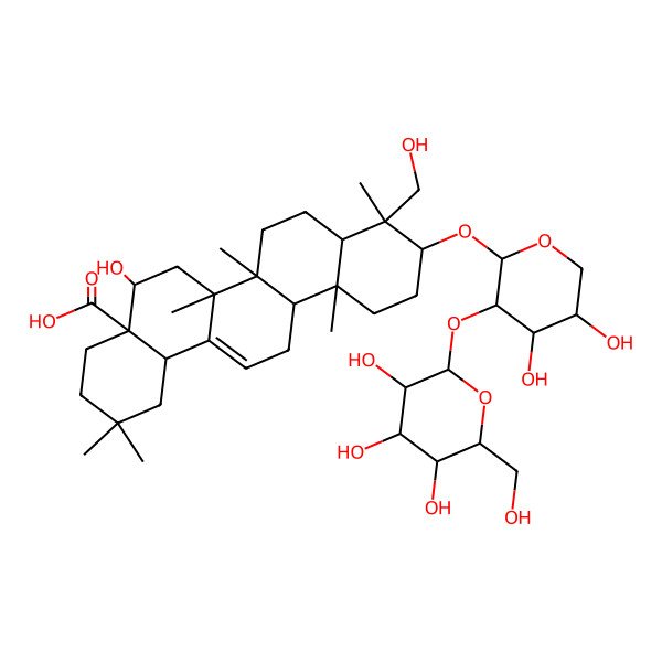 2D Structure of (4aR,5R,6aR,6aS,6bR,8aR,9R,10S,12aR,14bS)-10-[(2S,3R,4S,5S)-4,5-dihydroxy-3-[(2S,3R,4S,5S,6R)-3,4,5-trihydroxy-6-(hydroxymethyl)oxan-2-yl]oxyoxan-2-yl]oxy-5-hydroxy-9-(hydroxymethyl)-2,2,6a,6b,9,12a-hexamethyl-1,3,4,5,6,6a,7,8,8a,10,11,12,13,14b-tetradecahydropicene-4a-carboxylic acid