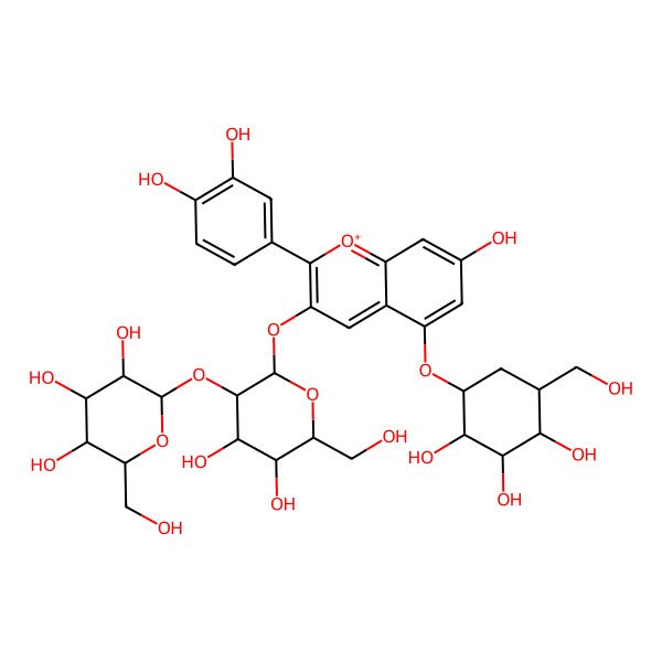 2D Structure of (2R,3S,4R,5R,6S)-2-[(2S,3S,4R,5R,6S)-2-[2-(3,4-dihydroxyphenyl)-7-hydroxy-5-[(1R,2R,3S,4R,5R)-2,3,4-trihydroxy-5-(hydroxymethyl)cyclohexyl]oxychromenylium-3-yl]oxy-4,5-dihydroxy-6-(hydroxymethyl)oxan-3-yl]oxy-6-(hydroxymethyl)oxane-3,4,5-triol