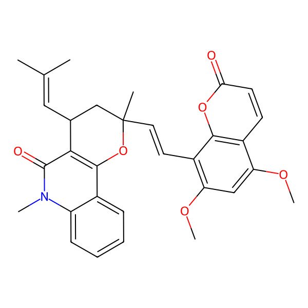 2D Structure of 2-[2-(5,7-Dimethoxy-2-oxochromen-8-yl)ethenyl]-2,6-dimethyl-4-(2-methylprop-1-enyl)-3,4-dihydropyrano[3,2-c]quinolin-5-one