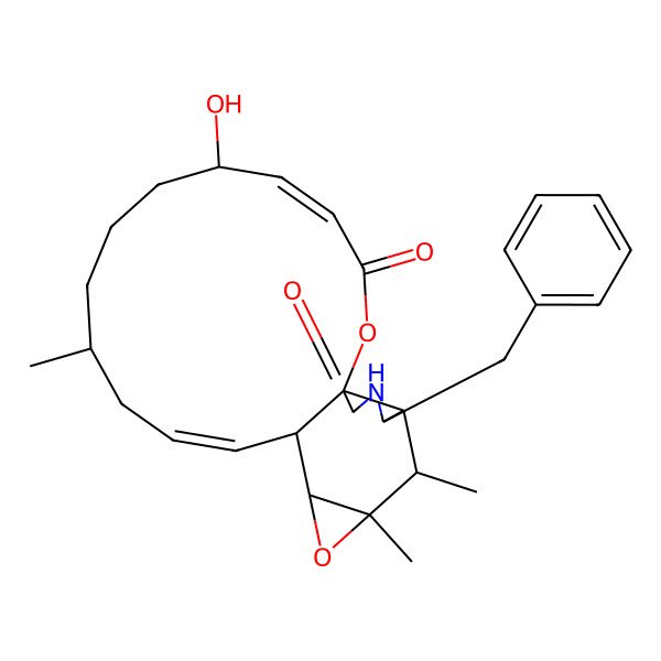 2D Structure of (1R,4E,6R,10R,12E,14S,15S,17R,18S,19S,20S)-20-benzyl-6-hydroxy-10,17,18-trimethyl-2,16-dioxa-21-azatetracyclo[12.8.0.01,19.015,17]docosa-4,12-diene-3,22-dione