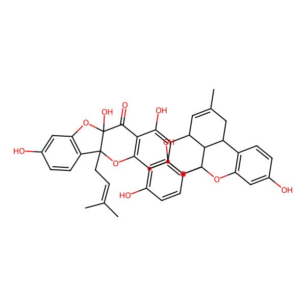 2D Structure of 20-(2,4-Dihydroxyphenyl)-3,6,10,24-tetrahydroxy-30-methyl-14-(3-methylbut-2-enyl)-7,15,19,21-tetraoxaoctacyclo[18.11.1.02,18.04,16.06,14.08,13.022,27.028,32]dotriaconta-2,4(16),8(13),9,11,17,22(27),23,25,30-decaen-5-one