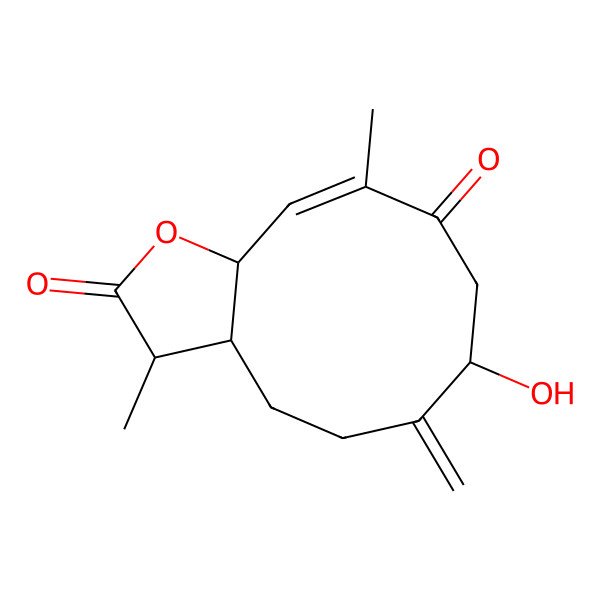 2D Structure of (3S,3aS,7R,10Z,11aS)-7-hydroxy-3,10-dimethyl-6-methylidene-3a,4,5,7,8,11a-hexahydro-3H-cyclodeca[b]furan-2,9-dione
