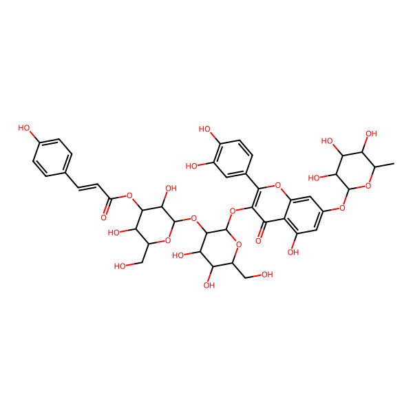 2D Structure of [(2S,3R,4S,5R,6R)-2-[(2S,3R,4S,5S,6R)-2-[2-(3,4-dihydroxyphenyl)-5-hydroxy-4-oxo-7-[(2S,3R,4R,5R,6S)-3,4,5-trihydroxy-6-methyloxan-2-yl]oxychromen-3-yl]oxy-4,5-dihydroxy-6-(hydroxymethyl)oxan-3-yl]oxy-3,5-dihydroxy-6-(hydroxymethyl)oxan-4-yl] (E)-3-(4-hydroxyphenyl)prop-2-enoate
