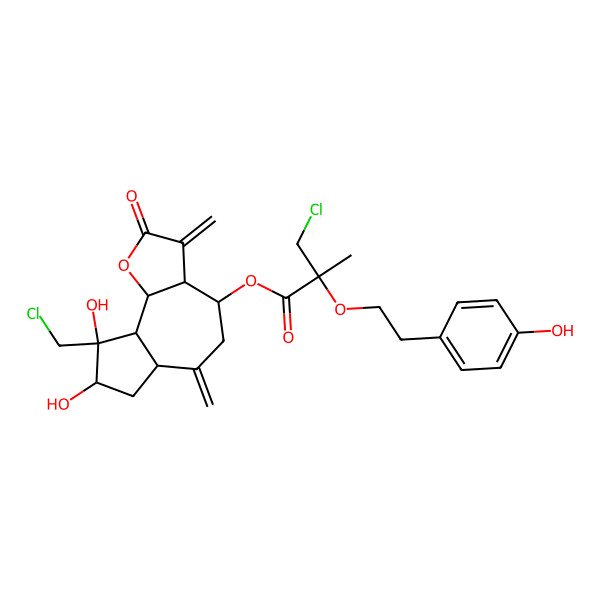 2D Structure of [(3aR,4S,6aR,8S,9S,9aS,9bS)-9-(chloromethyl)-8,9-dihydroxy-3,6-dimethylidene-2-oxo-3a,4,5,6a,7,8,9a,9b-octahydroazuleno[4,5-b]furan-4-yl] (2S)-3-chloro-2-[2-(4-hydroxyphenyl)ethoxy]-2-methylpropanoate