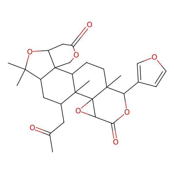 2D Structure of 19-(Furan-3-yl)-9,9,13,20-tetramethyl-12-(2-oxopropyl)-4,8,15,18-tetraoxahexacyclo[11.9.0.02,7.02,10.014,16.014,20]docosane-5,17-dione