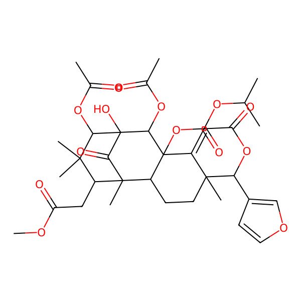 2D Structure of methyl 2-[(1R,2R,5R,6R,11R,12R,13R,14S,16S)-12,14-diacetyloxy-6-(furan-3-yl)-13-hydroxy-1,5,15,15-tetramethyl-8,17-dioxo-11-propan-2-yloxycarbonyloxy-7-oxatetracyclo[11.3.1.02,11.05,10]heptadec-9-en-16-yl]acetate