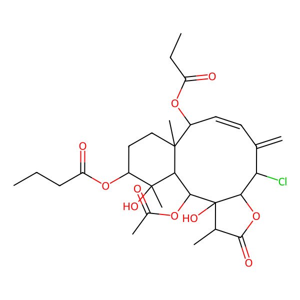 2D Structure of [(1S,2R,3R,4R,7R,8S,10E,12S,13S,16S,17S)-2-acetyloxy-8-chloro-3,17-dihydroxy-4,13,17-trimethyl-9-methylidene-5-oxo-12-propanoyloxy-6-oxatricyclo[11.4.0.03,7]heptadec-10-en-16-yl] butanoate
