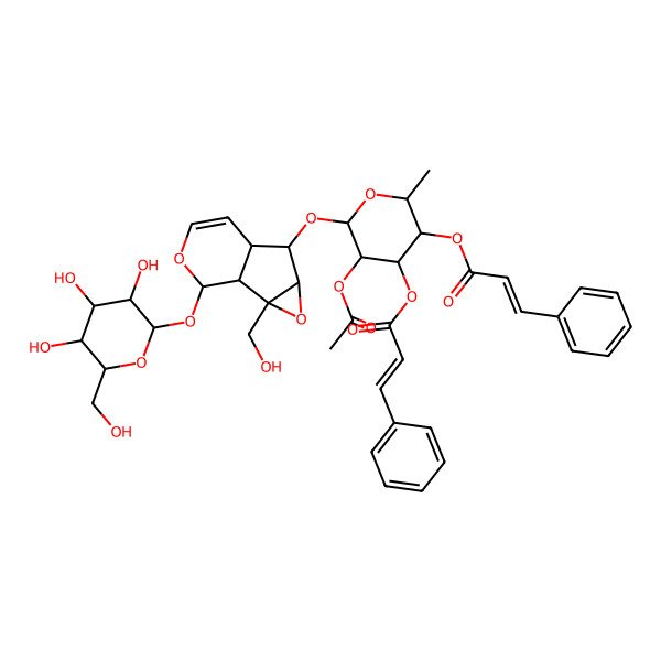 2D Structure of [(2S,3S,4R,5R,6S)-5-acetyloxy-6-[[(1S,2S,4S,5S,6S,10S)-2-(hydroxymethyl)-10-[(2S,3R,4S,5S,6R)-3,4,5-trihydroxy-6-(hydroxymethyl)oxan-2-yl]oxy-3,9-dioxatricyclo[4.4.0.02,4]dec-7-en-5-yl]oxy]-2-methyl-4-[(E)-3-phenylprop-2-enoyl]oxyoxan-3-yl] (E)-3-phenylprop-2-enoate