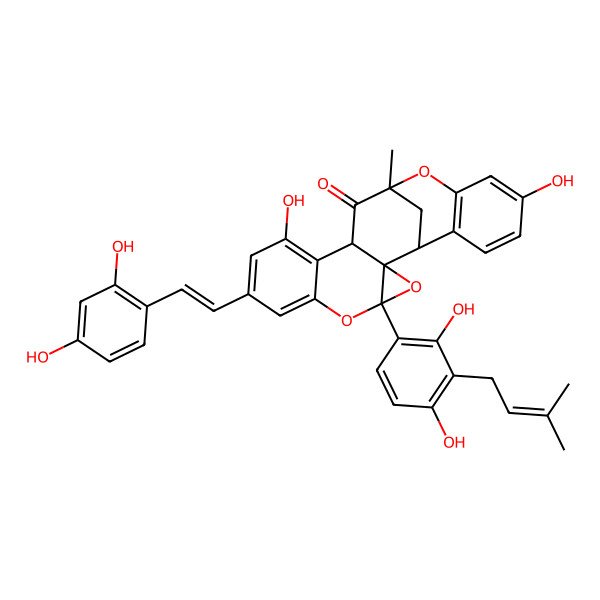 2D Structure of (1S,2S,4R,12S,14S)-4-[2,4-dihydroxy-3-(3-methylbut-2-enyl)phenyl]-8-[(E)-2-(2,4-dihydroxyphenyl)ethenyl]-10,18-dihydroxy-14-methyl-3,5,15-trioxahexacyclo[12.7.1.02,4.02,12.06,11.016,21]docosa-6,8,10,16(21),17,19-hexaen-13-one
