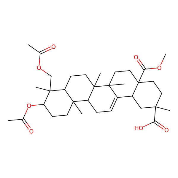 2D Structure of (2S,4aR,6aR,6aS,6bR,8aR,9R,10S,12aR,14bS)-10-acetyloxy-9-(acetyloxymethyl)-4a-methoxycarbonyl-2,6a,6b,9,12a-pentamethyl-1,3,4,5,6,6a,7,8,8a,10,11,12,13,14b-tetradecahydropicene-2-carboxylic acid