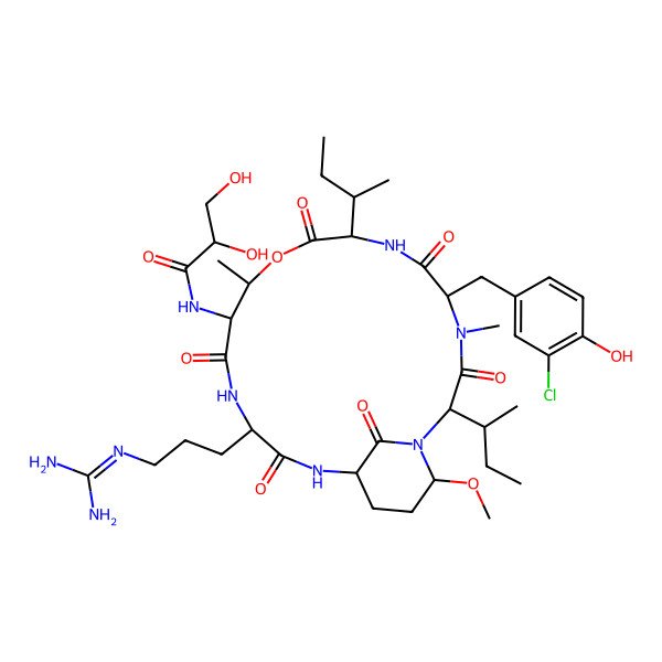 2D Structure of (2R)-N-[(2S,5S,8S,11R,12S,15S,18S,21R)-2,8-bis[(2S)-butan-2-yl]-5-[(3-chloro-4-hydroxyphenyl)methyl]-15-[3-(diaminomethylideneamino)propyl]-21-methoxy-4,11-dimethyl-3,6,9,13,16,22-hexaoxo-10-oxa-1,4,7,14,17-pentazabicyclo[16.3.1]docosan-12-yl]-2,3-dihydroxypropanamide