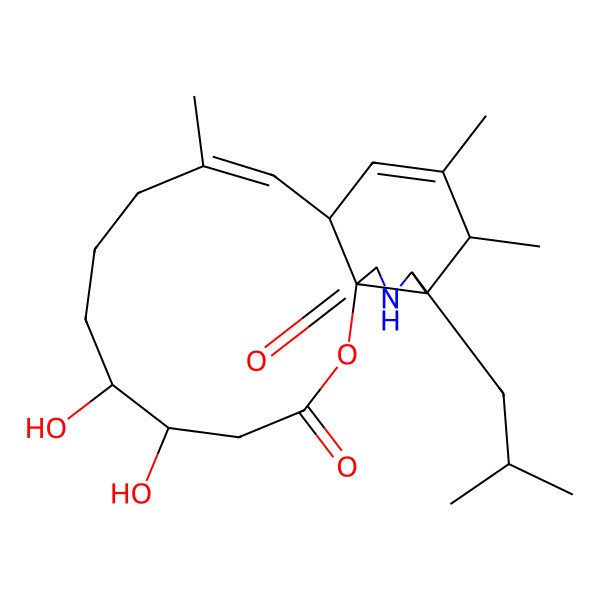 2D Structure of 5,6-Dihydroxy-10,14,15-trimethyl-17-(2-methylpropyl)-2-oxa-18-azatricyclo[10.7.0.01,16]nonadeca-10,13-diene-3,19-dione