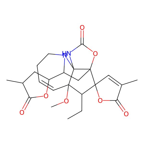 2D Structure of 15-Ethyl-9-methoxy-3'-methyl-3-(4-methyl-5-oxooxolan-2-yl)spiro[13-oxa-4,11-diazatetracyclo[7.4.2.01,10.04,10]pentadec-7-ene-14,5'-furan]-2',12-dione