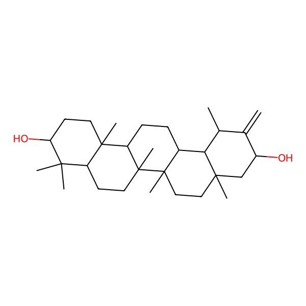 2D Structure of (3S,4aR,6aS,6aR,6bR,8aS,10R,12R,12aS,14aS,14bR)-4,4,6a,6b,8a,12,14b-heptamethyl-11-methylidene-1,2,3,4a,5,6,6a,7,8,9,10,12,12a,13,14,14a-hexadecahydropicene-3,10-diol