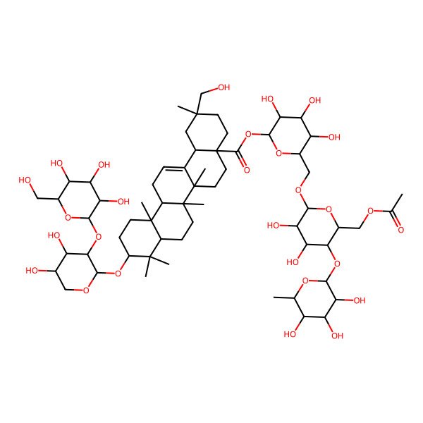 2D Structure of [(2S,3R,4S,5S,6R)-6-[[(2R,3R,4R,5S,6R)-6-(acetyloxymethyl)-3,4-dihydroxy-5-[(2S,3R,4R,5R,6S)-3,4,5-trihydroxy-6-methyloxan-2-yl]oxyoxan-2-yl]oxymethyl]-3,4,5-trihydroxyoxan-2-yl] (2R,4aR,6aR,6aS,6bR,8aR,10S,12aR,14bS)-10-[(2R,3S,4R,5R)-4,5-dihydroxy-3-[(2S,3R,4S,5S,6R)-3,4,5-trihydroxy-6-(hydroxymethyl)oxan-2-yl]oxyoxan-2-yl]oxy-2-(hydroxymethyl)-2,6a,6b,9,9,12a-hexamethyl-1,3,4,5,6,6a,7,8,8a,10,11,12,13,14b-tetradecahydropicene-4a-carboxylate