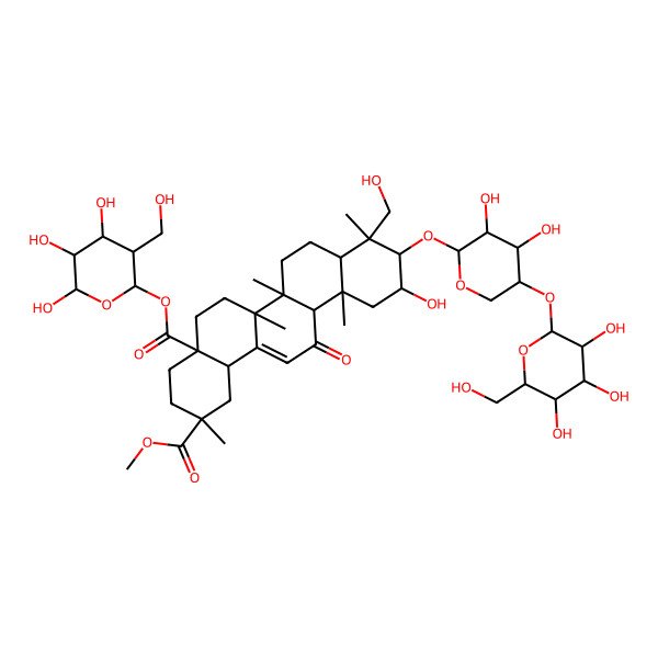 2D Structure of 2-O-methyl 4a-O-[(2R,3R,4R,5S,6S)-4,5,6-trihydroxy-3-(hydroxymethyl)oxan-2-yl] (2S,4aR,6aS,6aS,6bR,8aS,9R,10R,11S,12aS,14bS)-10-[(2S,3R,4R,5R)-3,4-dihydroxy-5-[(2S,3R,4S,5S,6R)-3,4,5-trihydroxy-6-(hydroxymethyl)oxan-2-yl]oxyoxan-2-yl]oxy-11-hydroxy-9-(hydroxymethyl)-2,6a,6b,9,12a-pentamethyl-13-oxo-3,4,5,6,6a,7,8,8a,10,11,12,14b-dodecahydro-1H-picene-2,4a-dicarboxylate